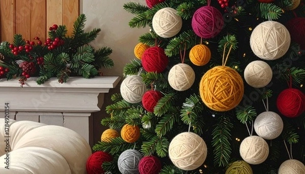 Obraz christmas tree with balls of wool for knitting 