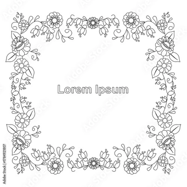 Obraz Floral square frame, Lorem Ipsum, monochrome outline 