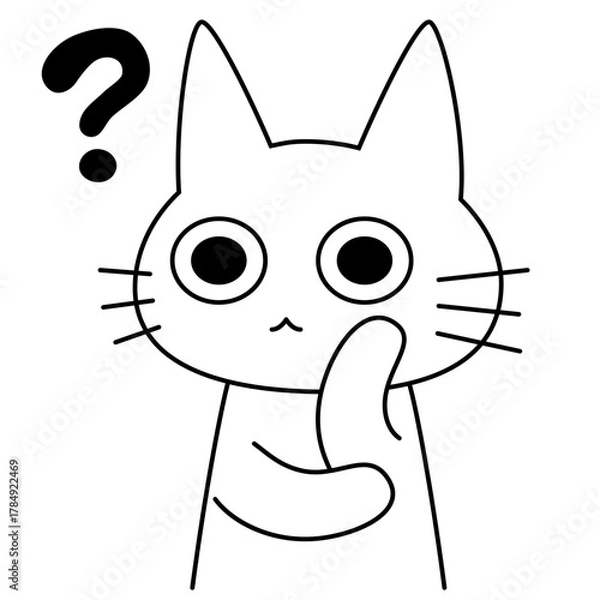 Fototapeta 考える表情の白い猫キャラクターのかわいいベクターイラスト