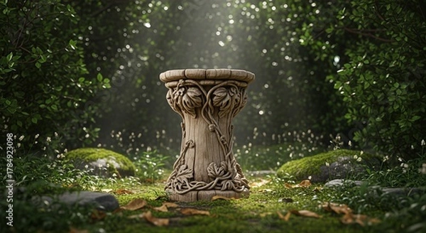 Fototapeta Mystical Stone Pedestal in Enchanted Forest Glade with Sunlight.
