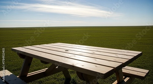 Fototapeta Wooden Picnic Table Overlooking a Vast Green Field.