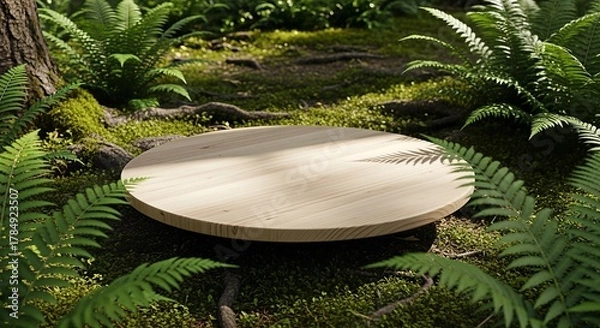 Fototapeta Wooden podium in lush green forest setting for product display.