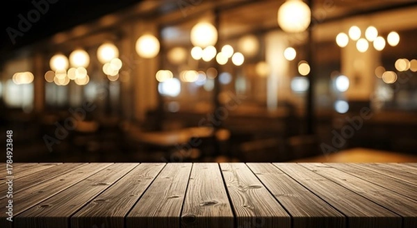 Fototapeta Wooden Table with Blurred Restaurant Background at Night.