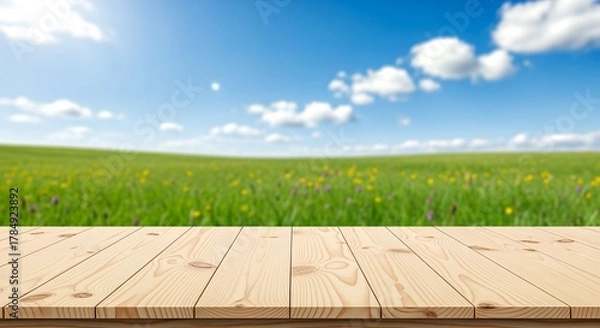 Fototapeta Wooden Table with Green Field and Blue Sky Background.