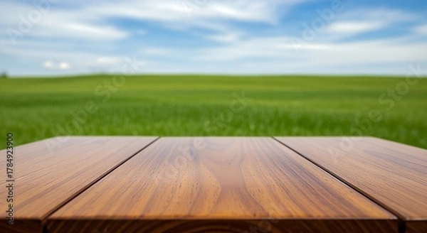 Fototapeta Wooden Table with Green Field and Blue Sky Background.
