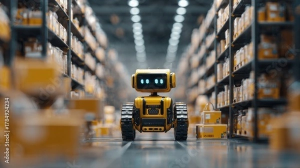 Fototapeta Robot forklift efficiently sorting in modern warehouse, Automated warehouse concept with automation robot work in warehouse.