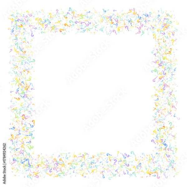 Obraz Question marks. Background for quiz, poll, survey, faq, interrogation, query. Multicolored template for opinion, public poll. Funny School vector illustration rainbow color on white background.