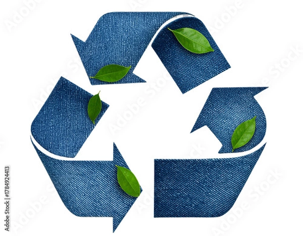 Obraz Recycling Symbol with Denim Texture and Green Leaf Accents, Eco Design PNG