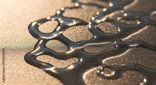 Fototapeta A close up shot of dark liquid flowing on a textured golden surface creating abstract patterns