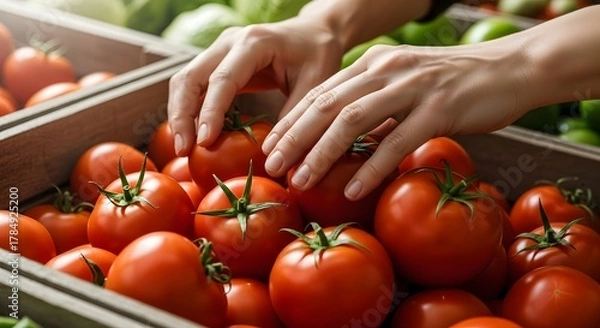 Obraz Hands selecting ripe red tomatoes from a wooden crate at the local farmers market display area