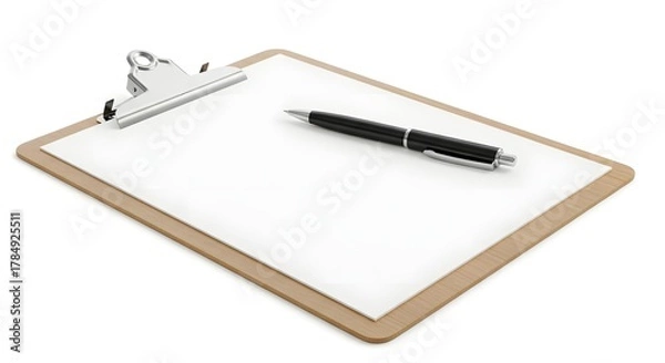 Fototapeta A clipboard with blank paper and a black pen lying on top isolated on a white background view from above