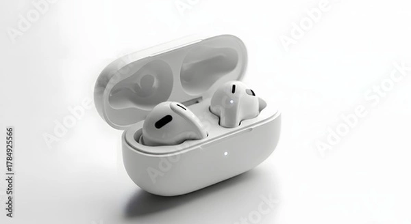 Fototapeta A pair of wireless earbuds sitting inside of their charging case on a white surface in studio light