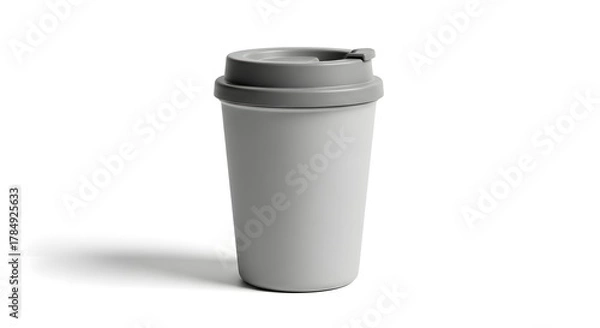 Fototapeta A simple gray coffee cup with a lid on a plain white background casting a soft shadow to the left