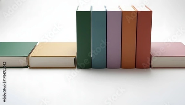Fototapeta Arrangement of colorful books standing and lying on a white surface in a horizontal format view