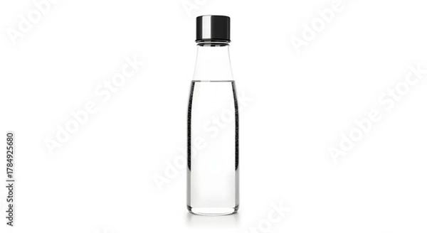 Obraz A clear glass bottle with a silver cap filled with water against a white background studio shot