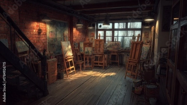 Fototapeta Rustic brick wall studio with warm wood flooring bathed in soft lighting creates a cozy atmosphere for creative activities