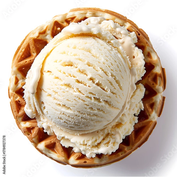 Fototapeta Top view of a waffle with a large scoop of vanilla ice cream on a white surface