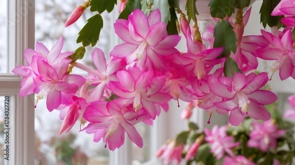 Fototapeta Schlumbergera truncata - Thanksgiving cactus or Crab cactus with bright pink flowers by the window start blooming in winter
