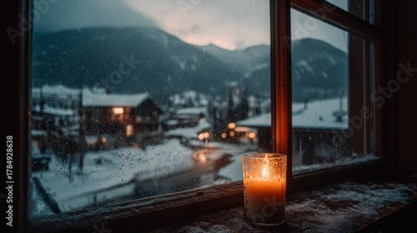 Fototapeta Serene Winter Scene Through a Frosted Window with Soft Candlelight Illuminating the Cozy Interior and a Snowy Landscape Outside