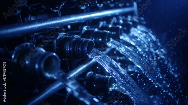 Fototapeta Slowmotion shot of water flowing through reverseosmosis membranes after skid installation illustrating clean water production.