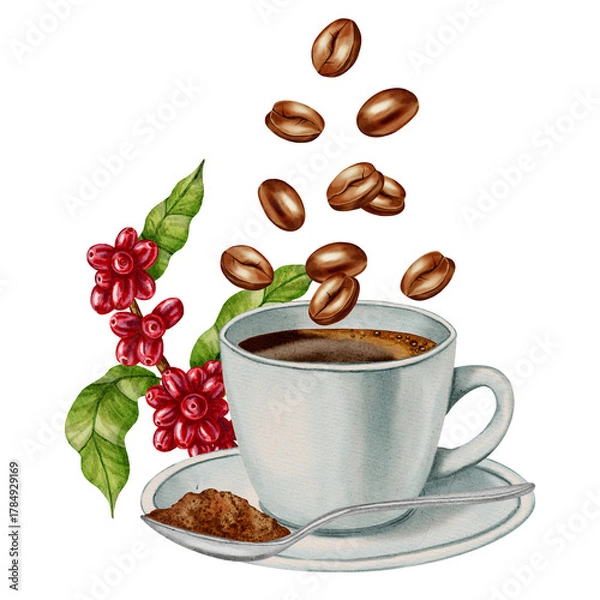 Fototapeta Watercolor coffee cup with coffee beans. Coffee cherries. Espresso. Illustrations for coffee shops, cafes, packaging, menus, and product design.
