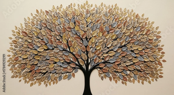 Fototapeta Detailed Metal Tree Sculpture with Multi- Colored Leaves on a Light Background image