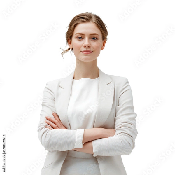 Fototapeta Confident professional woman in white blazer arms crossed serious expression studio portrait isolated on transparent background