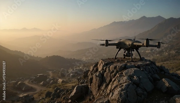 Fototapeta Camouflaged military drone perched on a rocky outcrop overlooking a valley military base