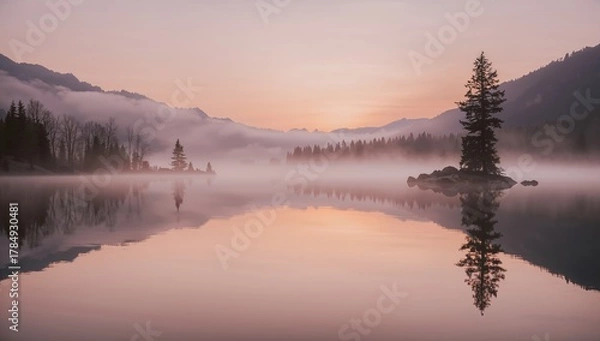 Obraz Stunning sunrise over misty lake with mountain reflections, perfect for travel, wellness, and serenity concepts