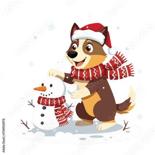 Fototapeta Cute Dog in Christmas Hat Building a Snowman Outdoors with Falling Snowflakes