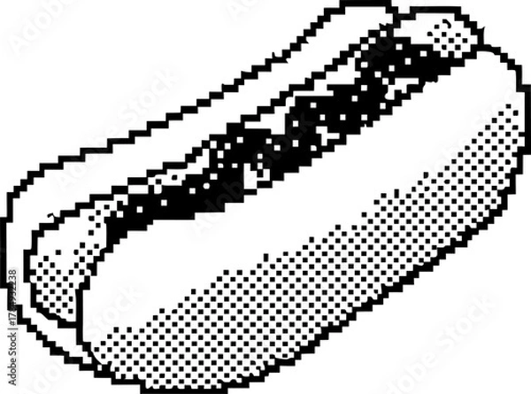 Obraz Pixelated hot dog illustration, classic fast food snack with sausage and bun in retro black and white dotted