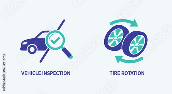 Obraz Vector illustration of car maintenance icons vehicle inspection with magnifying glass and checkmark, and tire rotation with spinning wheels, isolated on a light gray background