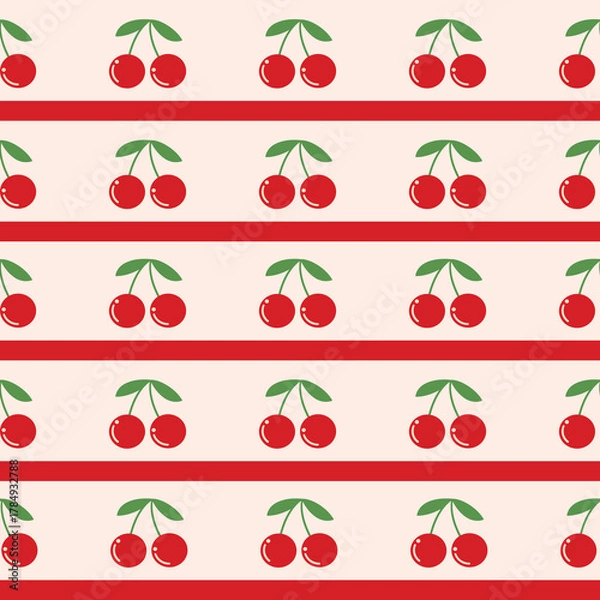 Obraz Retro Cherries with Ribbons and Stripes Seamless Pattern