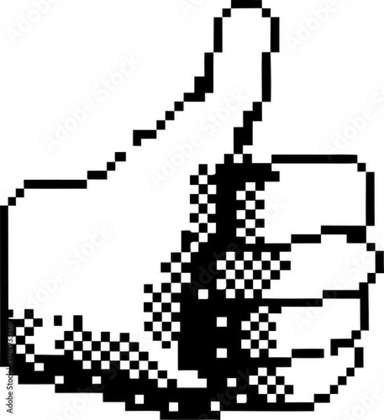 Fototapeta Pixelated thumbs up hand gesture retro black and white pixel art icon, digital approval, positive feedback sign