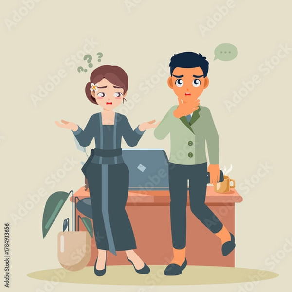 Fototapeta Cartoon vector illustration of a business couple team, with the businessman carrying a briefcase, smiling in the office