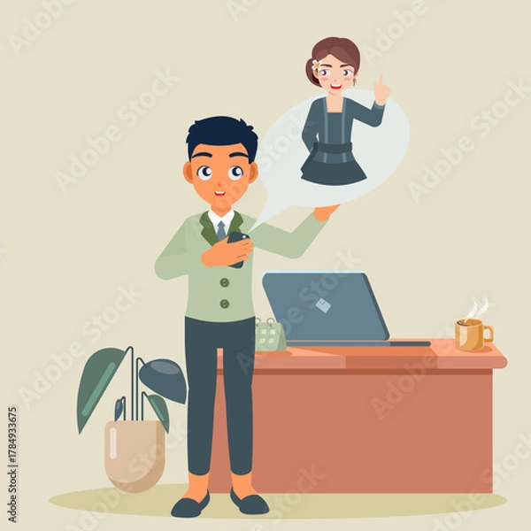 Fototapeta Cartoon illustration of a smiling businessman with a briefcase and a businesswoman working on a laptop at a desk in an office room