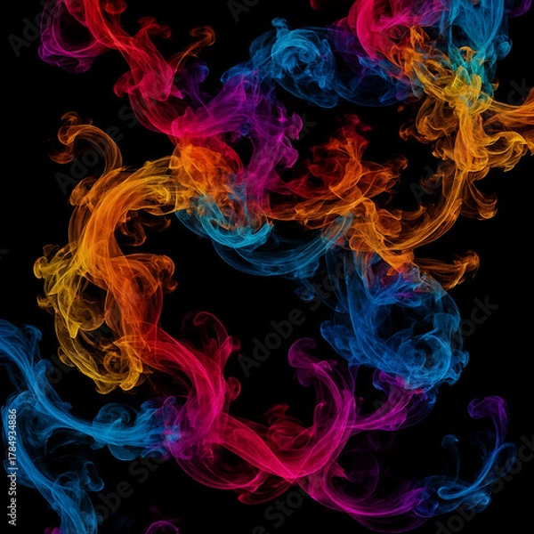 Fototapeta ﻿Abstrakter farbiger Rauchwirbel auf schwarzem Grund: Symmetrie, Bewegung und emotionale Farbpalette.