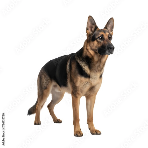 Fototapeta German Shepherd Dog Standing Alertly Isolated on a Black Background Studio Portrait