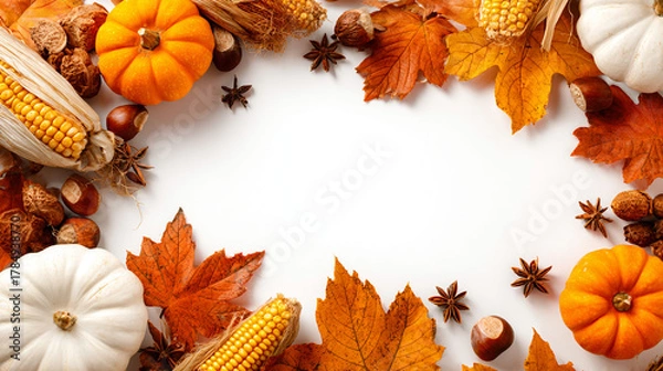 Obraz Cozy autumn harvest display featuring pumpkins, corn, and vibrant fall leaves for seasonal celebrations