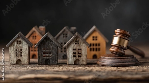 Fototapeta Wooden houses and judge's hammer. Real estate court decisions. Property inheritance litigation. Establishment of ownership.