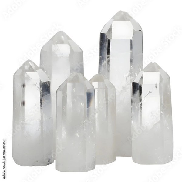 Fototapeta Group Of Six Clear Quartz Crystal Points Isolated On Black Background Studio Shot