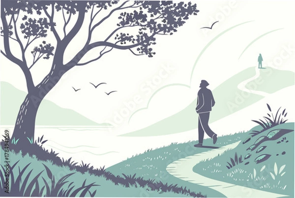 Fototapeta Person walking on a path in a serene landscape trail