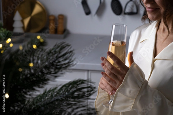 Obraz Glass of sparkling wine in woman hands at kitchen near decorated Christmas tree. Warm lights creates fairy festive cozy atmosphere. Peace and magic to make a wish. Merry Christmas and Happy New Year.
