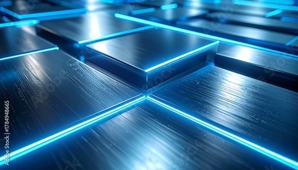 Fototapeta ブラッシュドチタンの滑らかな表面に、青い発光ラインが幾何学的に走る。
金属の質感と光の軌跡が融合し、精密で未来的なテクノロジー感を演出。
クールなインダストリアルトーンがAIや電子工学の世界観にマッチ。