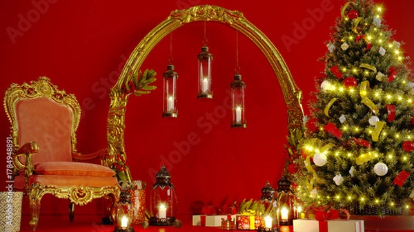 Obraz christmas tree on colored background with armchair throne