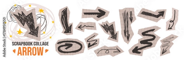 Fototapeta Scrapbook set with paper arrow doodle scribble and cutout collage elements.
