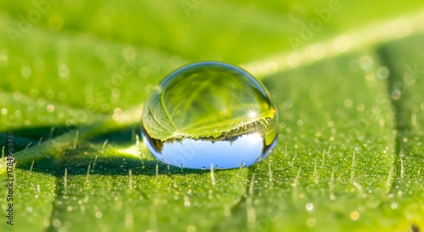 Obraz Close up of a water droplet on a green leaf reflecting the environment , ai generated image