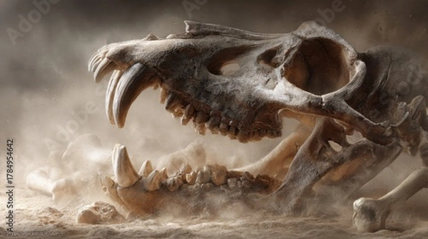 Fototapeta Dinosaur skull fossil buried in the sandy desert with dust and particles flying