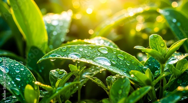 Obraz Close up of green leaves covered in water droplets in the morning sunshine , ai generated image