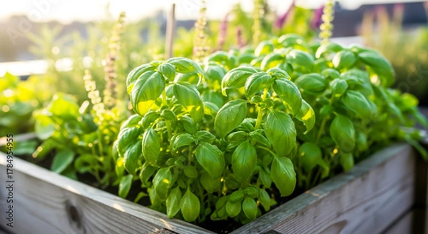 Obraz Fresh basil plants growing in a wooden box on a rooftop garden , ai generated image